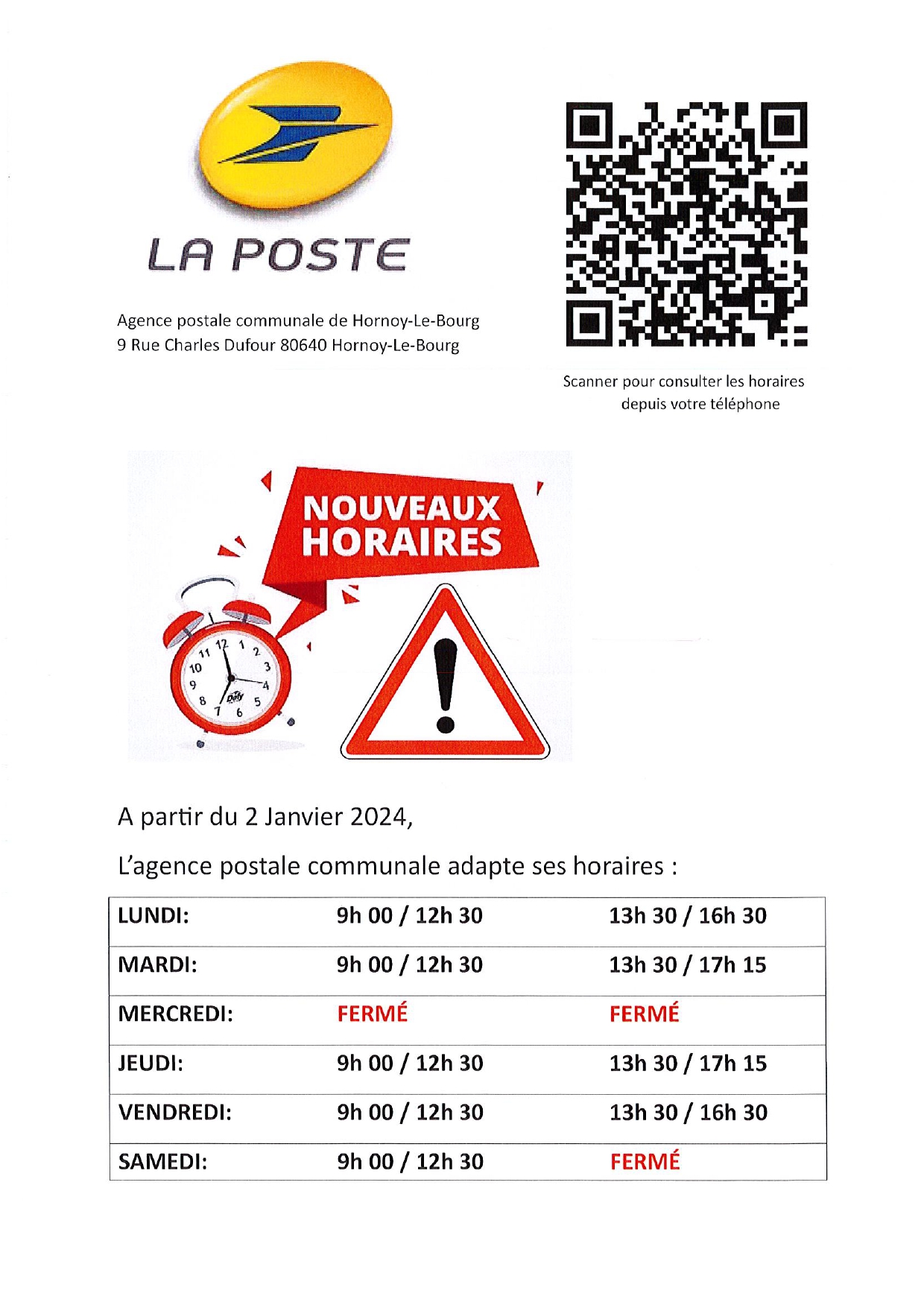 Lire la suite à propos de l’article Nouveaux horaires de l’Agence postale communale